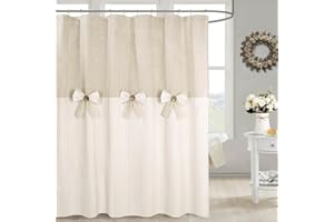 DOSLY IDÉES Linen Button Farmhouse Beige Shower Curtain,Bowknot,Linen and Cotton Woven Fabric,Pleated Beige Stripe,Country Style,72x72 in