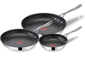 Jamie Oliver by T-FAL Cooks Direct, Stainless Steel Non-Stick Frying Pan 3 Pcs Set (20/24/28cm) (8/9/11 Inches) with Inductio