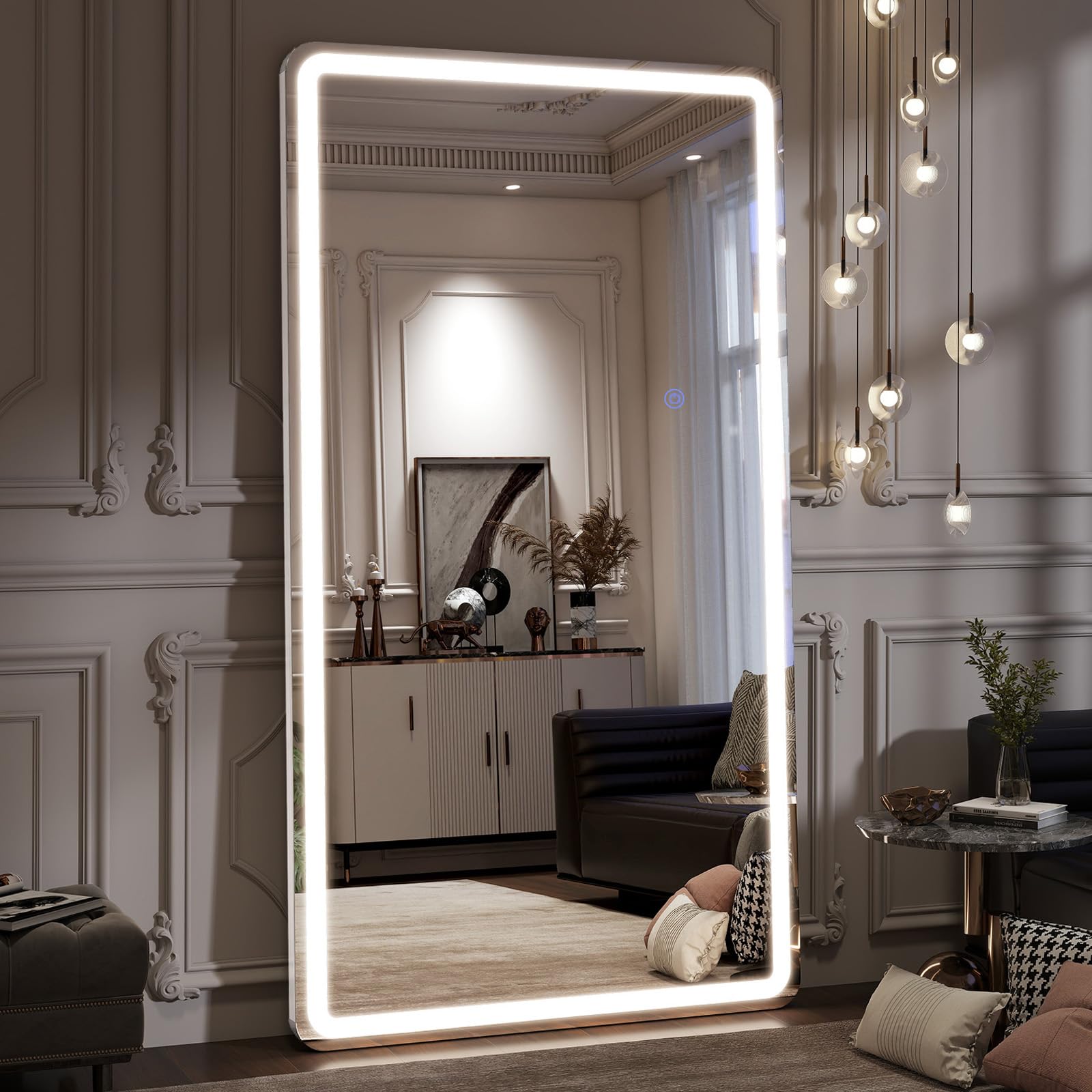 Photo 1 of VooBang 76"x34" Large LED Full Length Mirror, Oversized Floor Body Mirror with Lights - 3 Color Modes, Standing Leaning Wall Mounted for Bedroom, Dressing Room White