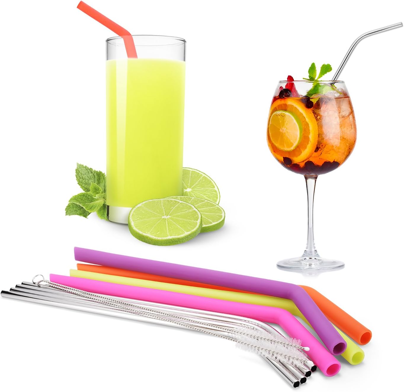 ATKKE Reusable Silicone Straws (4 pack) and Stainless Steel Straws (4 pack) for 30 oz Tumbler Yeti / Rtic Complete Bundle, Cleaning Brushes and Storage Pouch Included