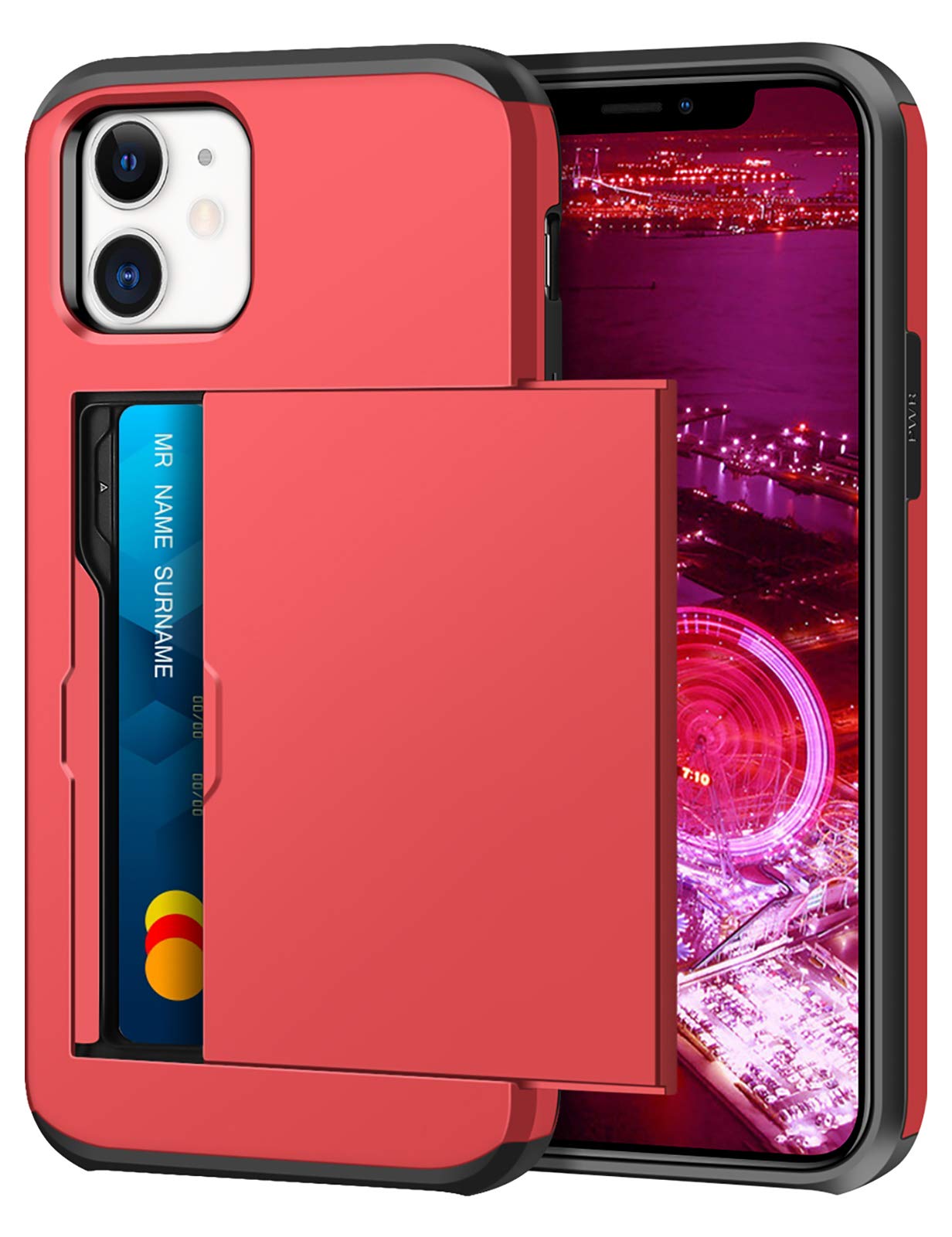 Coolden for iPhone 12 Case for iPhone 12 Pro Case with Card Holder Shockproof Wallet Heavy Duty Protective Hard PC Rubber Bumper Phone Cases Card Holder Slot Wallet Cover Red — image 1