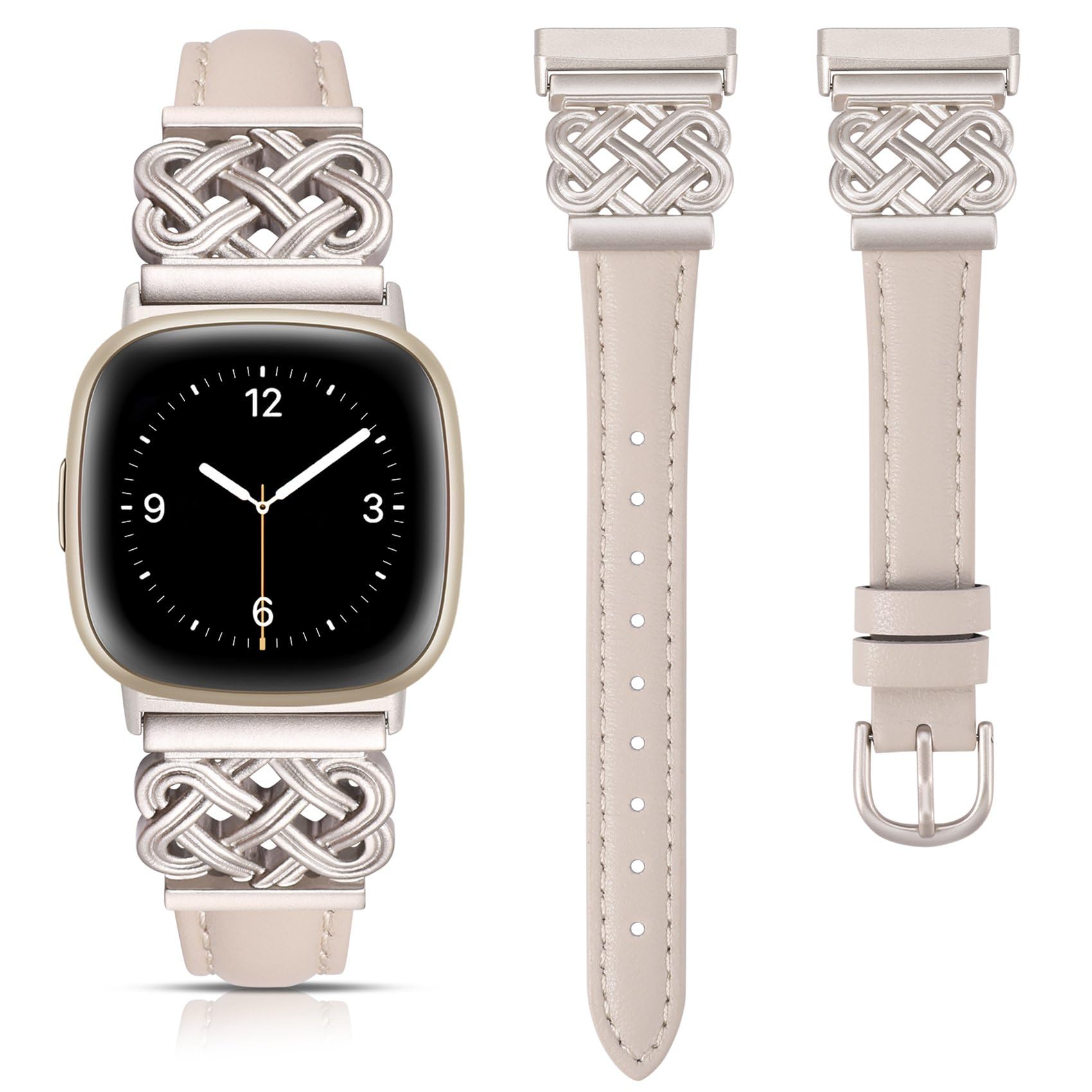 TOYOUTHS Leather Straps Compatible with Fitbit Versa 4/Versa 3/Sense 2/Sense Strap Women, Slim Thin Dressy Designer Premium Leather Strap with Interlock Buckle for Versa 4 Sense 2, Starlight/Starlight