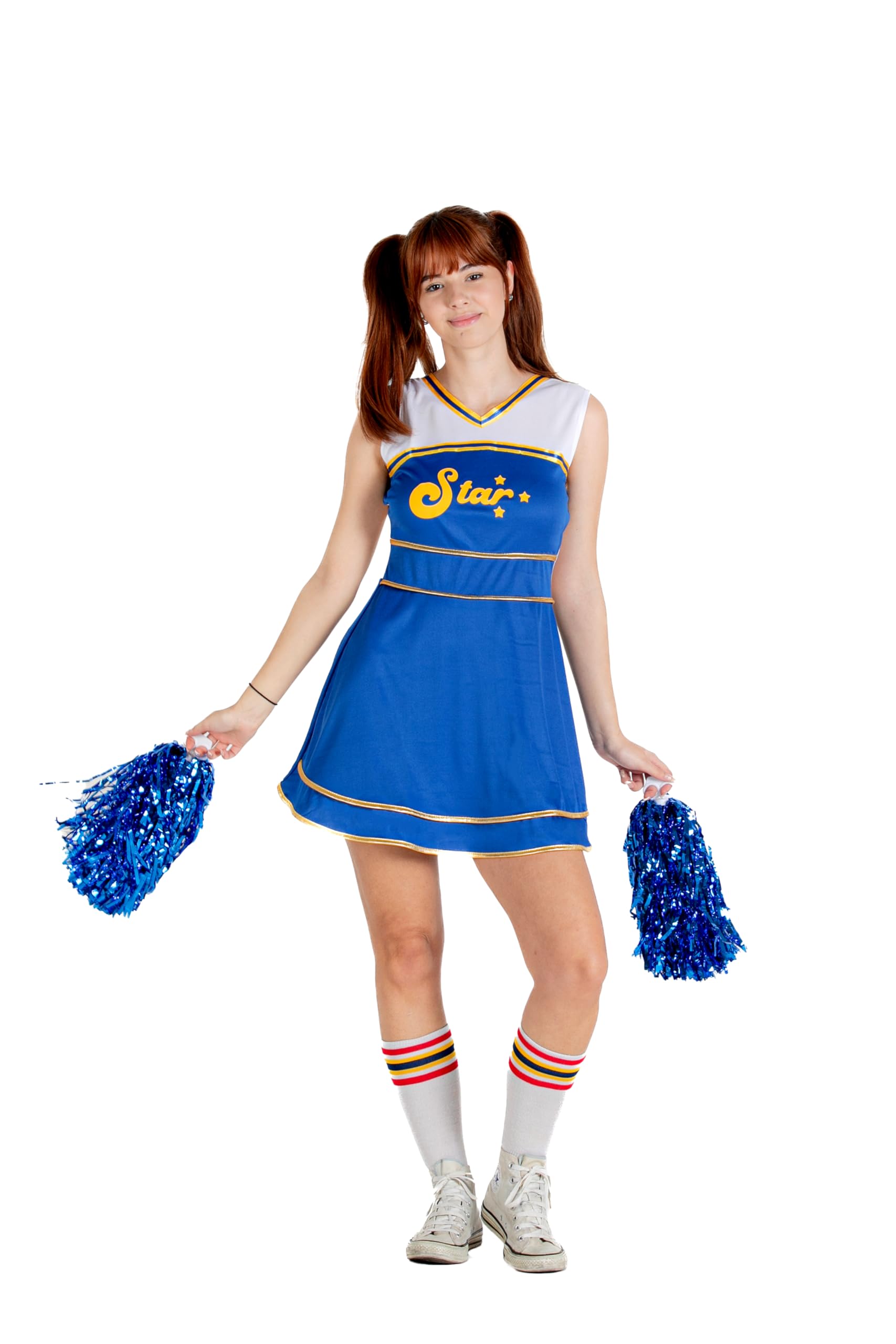 Ciao - Cheerleader Fancy Dress Costume Girl Woman Adult (One Size) with Pom Poms, Blue
