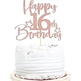 Sotpot 1PC 16th Birthday Cake Topper Double-sided Rose Gold Glitter Cake Topper with Star Pattern Cake Decoration for Happy 16th Birthday Party Decorations Supplies