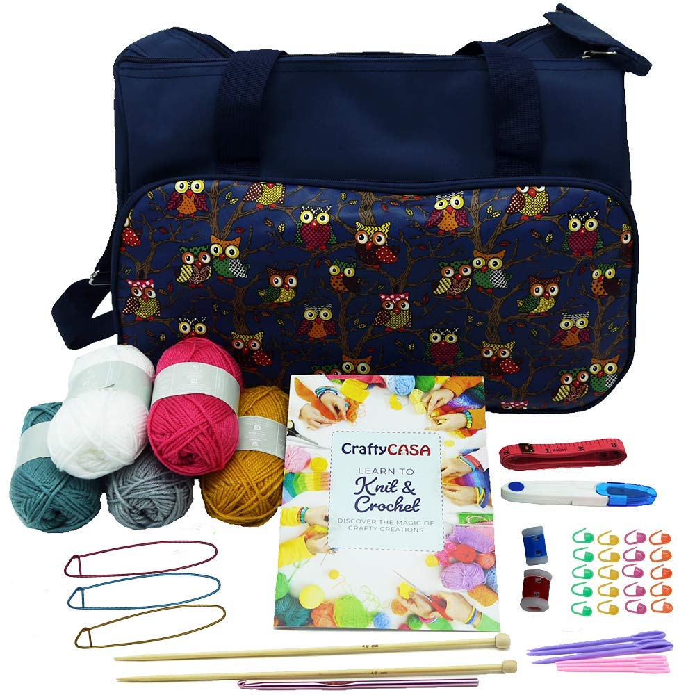Owl Knitting and Crochet Bag Gift Set by Crafty Casa UK with DK Yarn Multi Pack/Bamboo Knit