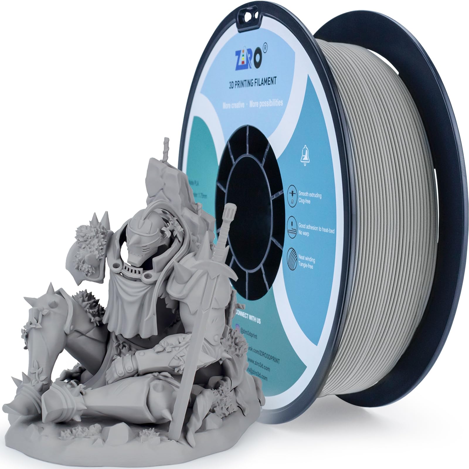 ZIRO Matte PLA Filament 1.75mm, 1KG 3D Printer Filament, High Toughness PLA, Dimensional Accuracy +/- 0.03mm, Matte Gray