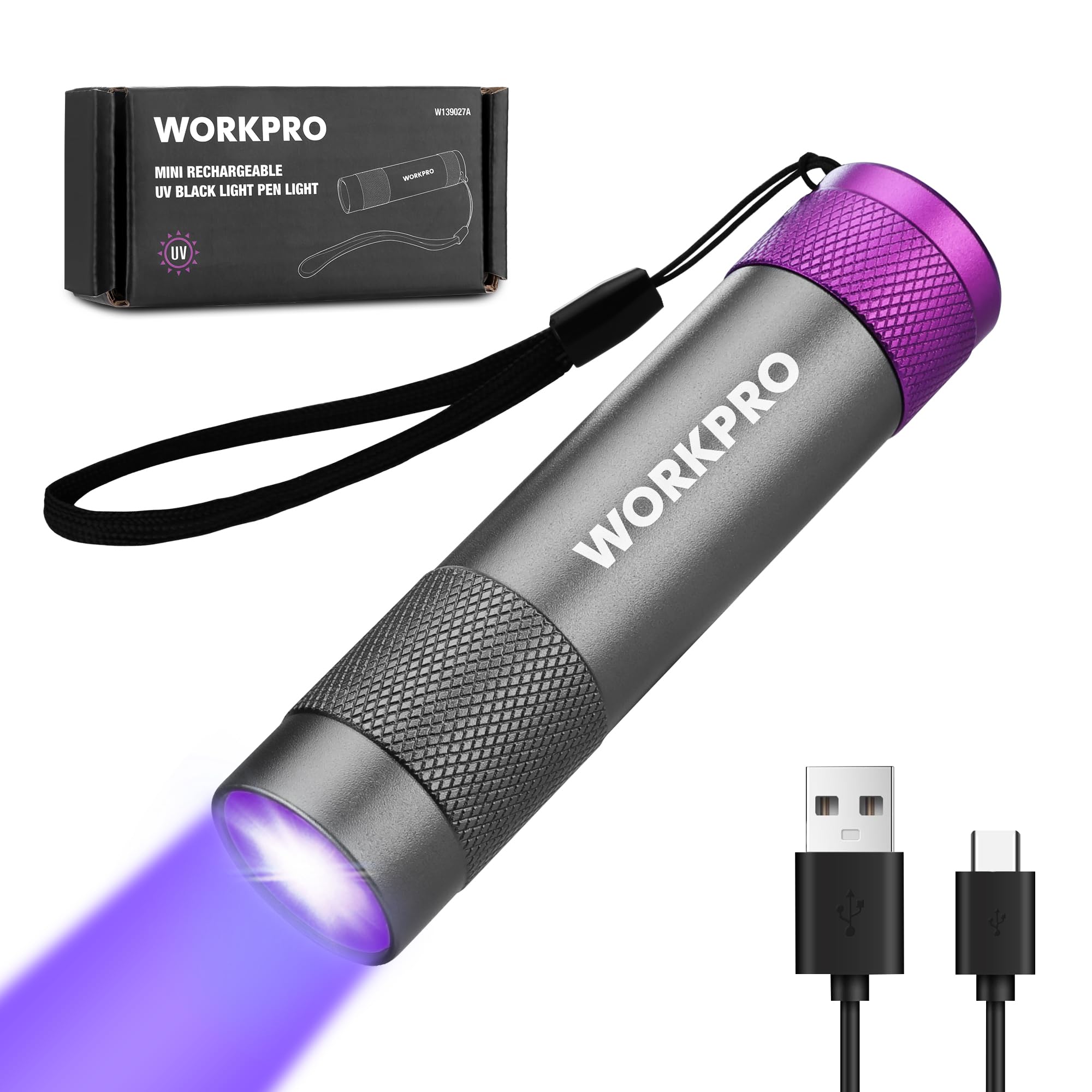 Photo 1 of WORKPRO UV Flashlight Black Light, 365nm UV Rechargeable Flashlight, Small Portable Black Light for Pet Dog Urine, Stains Detection/Resin Curing/Fluorescent Agent