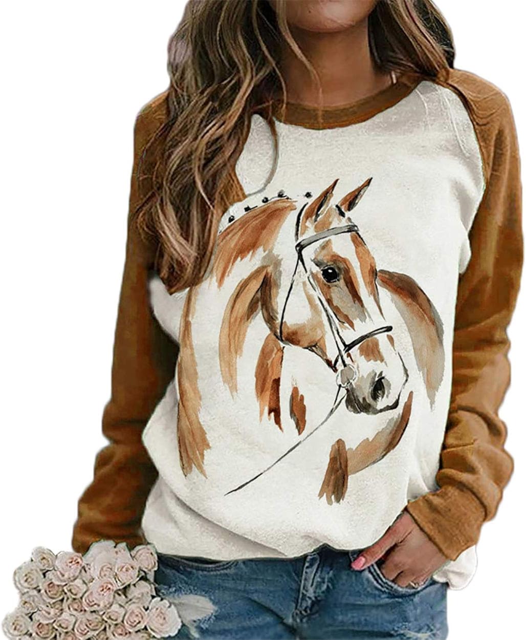 IVERIRMIN Horse Shirt for Women, Ladies Horse Print Round Neck