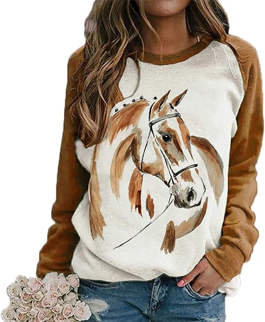 IVERIRMIN Horse Shirt for Women, Ladies Horse Print Round Neck Stitching Long Sleeve Thin