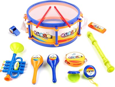 deAO Musical Instruments Toy Drum Set Trumpet Flute Harmonica Kids Beginners