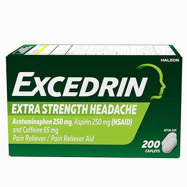 EXCEDRIN EXTRA STRENGTH PAIN RELIEF CAPLETS FOR HEADACHE RELIEF, ACETAMINOPHEN 500MG, ASPIRIN 250MG, CAFFEINE 65MG, PAIN RELIEVER, 200 COUNT