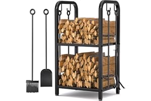 HONEST OUTFITTERS Firewood Rack Indoor, 2-Tier Firewood Rack Outdoor with 4 Pieces Fireplace Tools Set, Heavy Duty Log Wood Holder for Fireplace, Fire Pit, Wood Stove Black