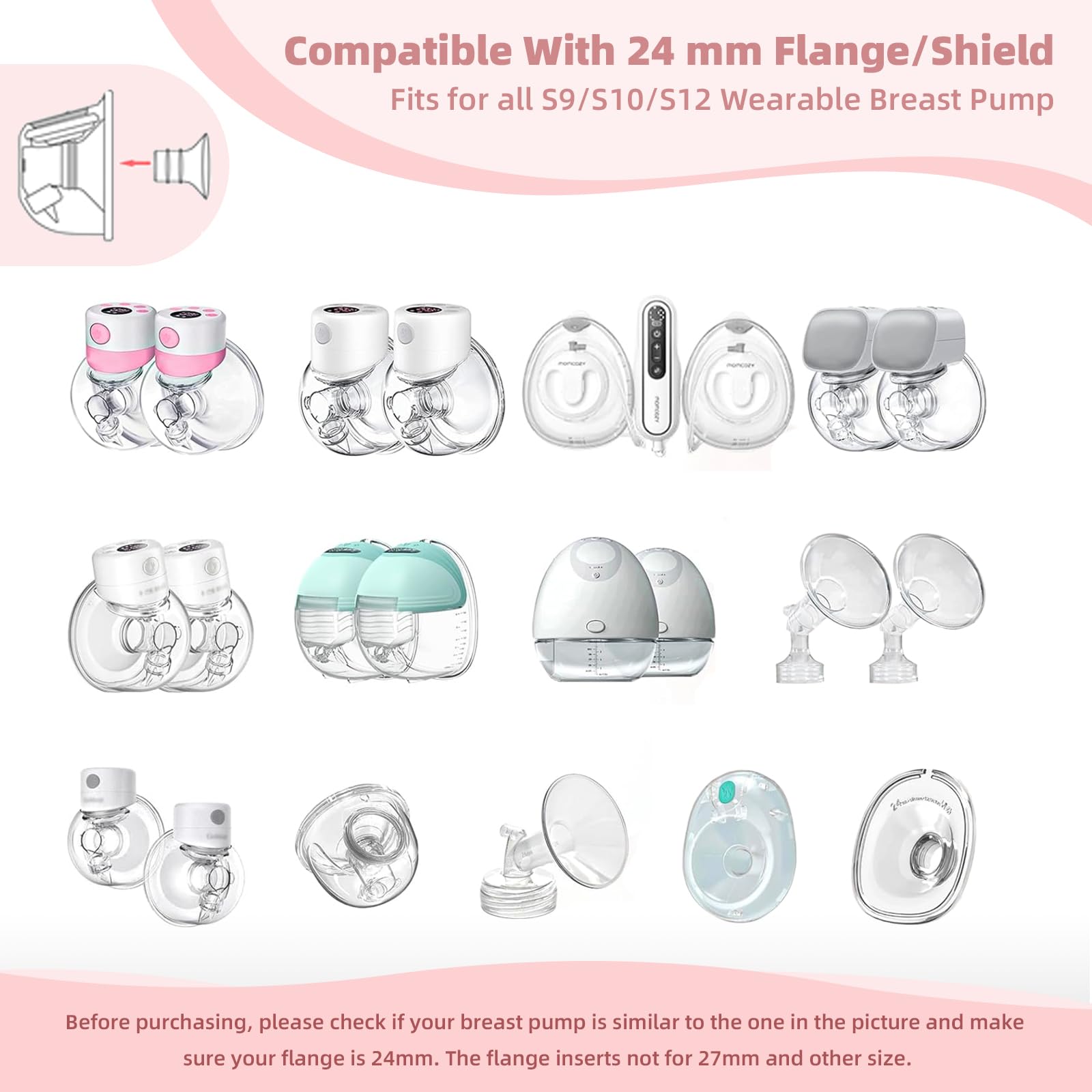 Flange Insert 13/15/17/19/21mm 10PCS Compatible with Momcozy S12 Pro/S9 Pro/S12/S9/Medela/Spectra etc Wearable Breast Pump 24mm Flange/Shield, Reduce 24mm Tunnel Down to Correct Size