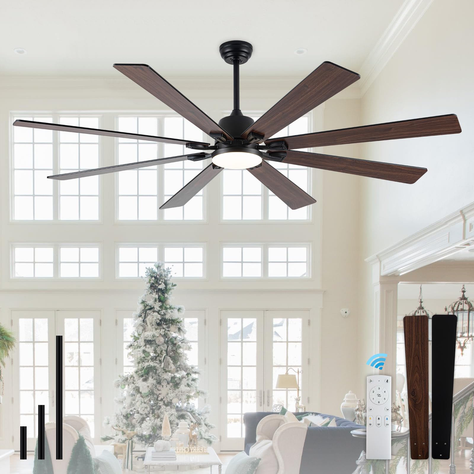 Photo 1 of 72 Inch Ceiling Fans with Lights and Remote Control, Black Large Ceiling Fans with 6 Speed DC Motor and 8 Wood Blades, Modern Ceiling Fans for Indoor/Outdoor Living Room, Farmhouse and Patio