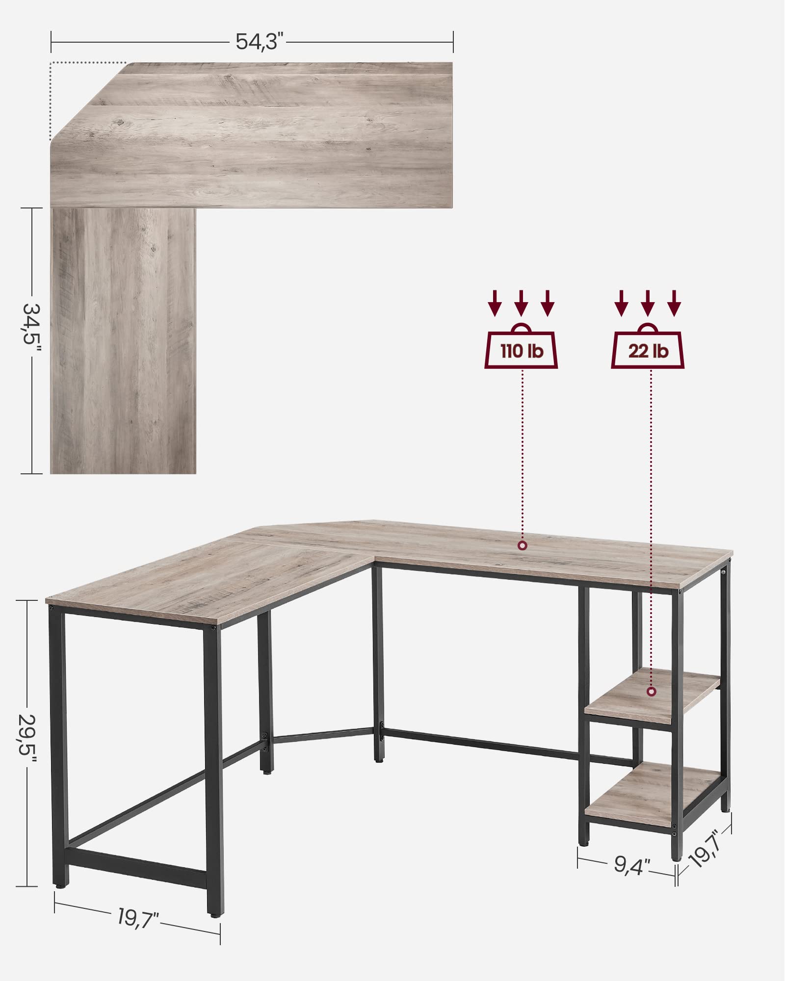 VASAGLE L-Shaped Computer Desk, Corner Desk, Office Study Workstation with Shelves for Home Office, Space-Saving, Easy to Assemble, Industrial, Greige and Black ULWD72MB