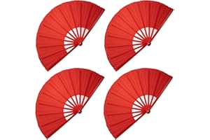 QIRMIZI 4PCS Large Folding Hand Rave Fan - Vibrant Nylon Cloth Fans for Chinese Kung Fu, Tai Chi, Dance, Music Festivals, Parties & Decorations,Red
