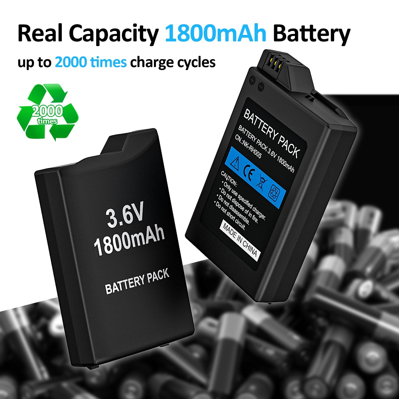 PSP Battery, 2Pcs 3.6v 1800mAh Lithium Polymer Replacement Batteries with USB Charging Cable for PSP 1000 1001, PSP-110 (1002, 1003, 1004, 1005, 1006, 1007, 1008, 1010), PSP Fat Console