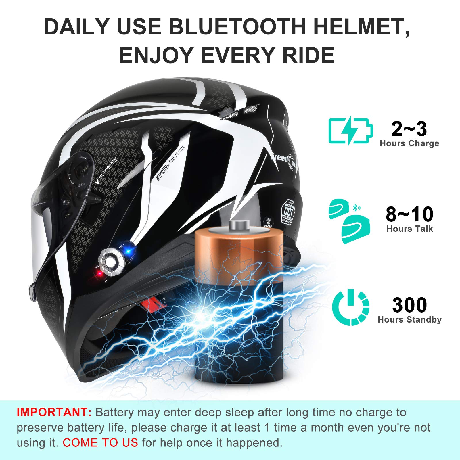 Bluetooth Motorcycle Helmet FreedConn BM12 DOT Full Face Bluetooth Helmets Motorcycle Dual Visor Helmet with Integrated Intercom System/ 2~3 Riders Pair/ 500M/ FM (Black & White, XL)