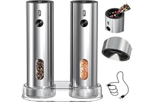 CIRCLE JOY Rechargeable Electric Salt and Pepper Grinder Set with Base, Automatic Stainless Steel Pepper Grinders with 110ML 