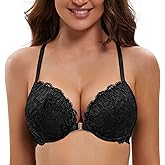 Deyllo Women's Front Closure Bras Lace Racerback Padded Push Up Bra Underwire Plunge(Black,38DD)