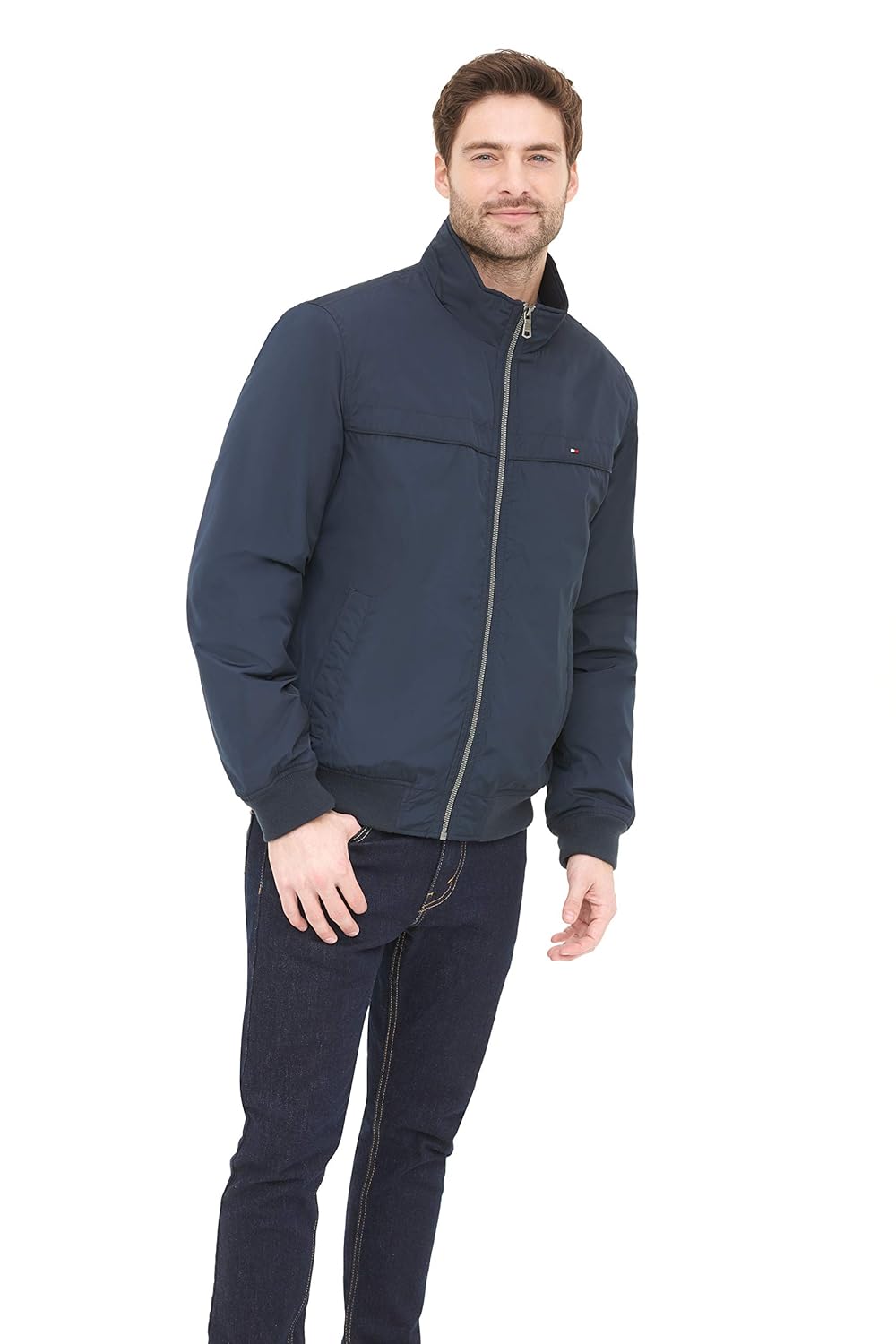 tommy hilfiger men's performance faux memory bomber jacket