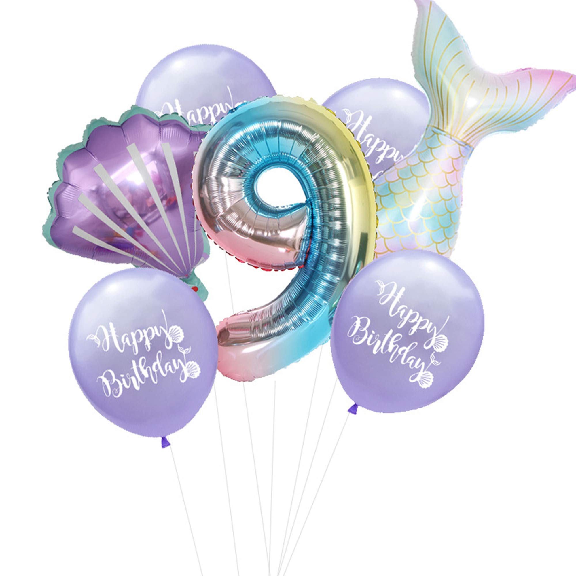 CHTENG 7PCs Mermaid Foil Balloons Set Mermaid Sea Theme Birthday Party Decoration 32 Inch Number Foil Balloon Shell Helium Balloon (Purple-9)