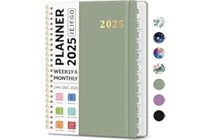 JEJEGO 2025 Planner, Weekly and Monthly Calendar Planner Book, January 2025 - December 2025, HardCover Planner 2025 with Monthly Tabs, Notes Pages, Spiral Bound, Inner Pocket, A5 (6.4" x 8.5") - Green