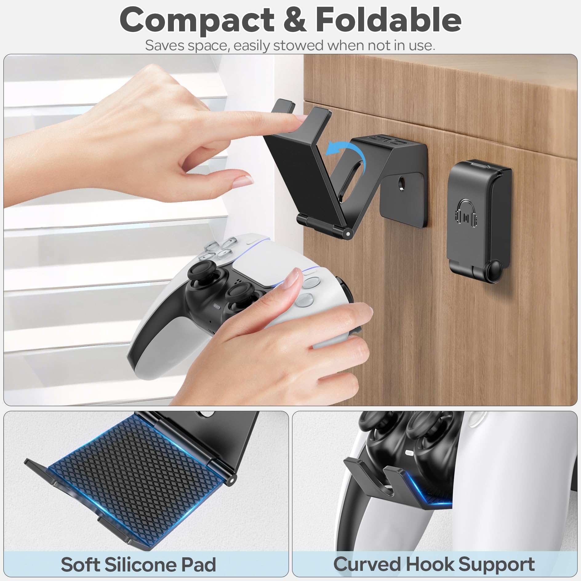 OIVO Controller & Headset Wall Mount Holder Stand, Foldable Headphone Stand, Gaming Controller Holder Hanger Hook, Universal Storage Organizer Controller/Earphone/Game Accessories-9 Packs