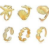 immerFancy Gold Chunky Seashell Starfish Wave Stackable Adjustable Rings for Women Non Tarnish 18K Gold Plated Stainless Steel Open Knuckle Thumb Ring Set Summer Beach Jewelry Gift for Vacation