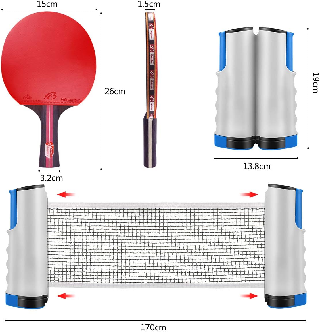 Fostoy Table Tennis Set, 4 Ping Pong Paddles with 8 Table Tennis Balls and Retractable Ping Pong Net, Ideal Indoor and Outdoor Ping Pong Sets, Perfect for Professional and Recreational Games (Red) : Sports & Outdoors
