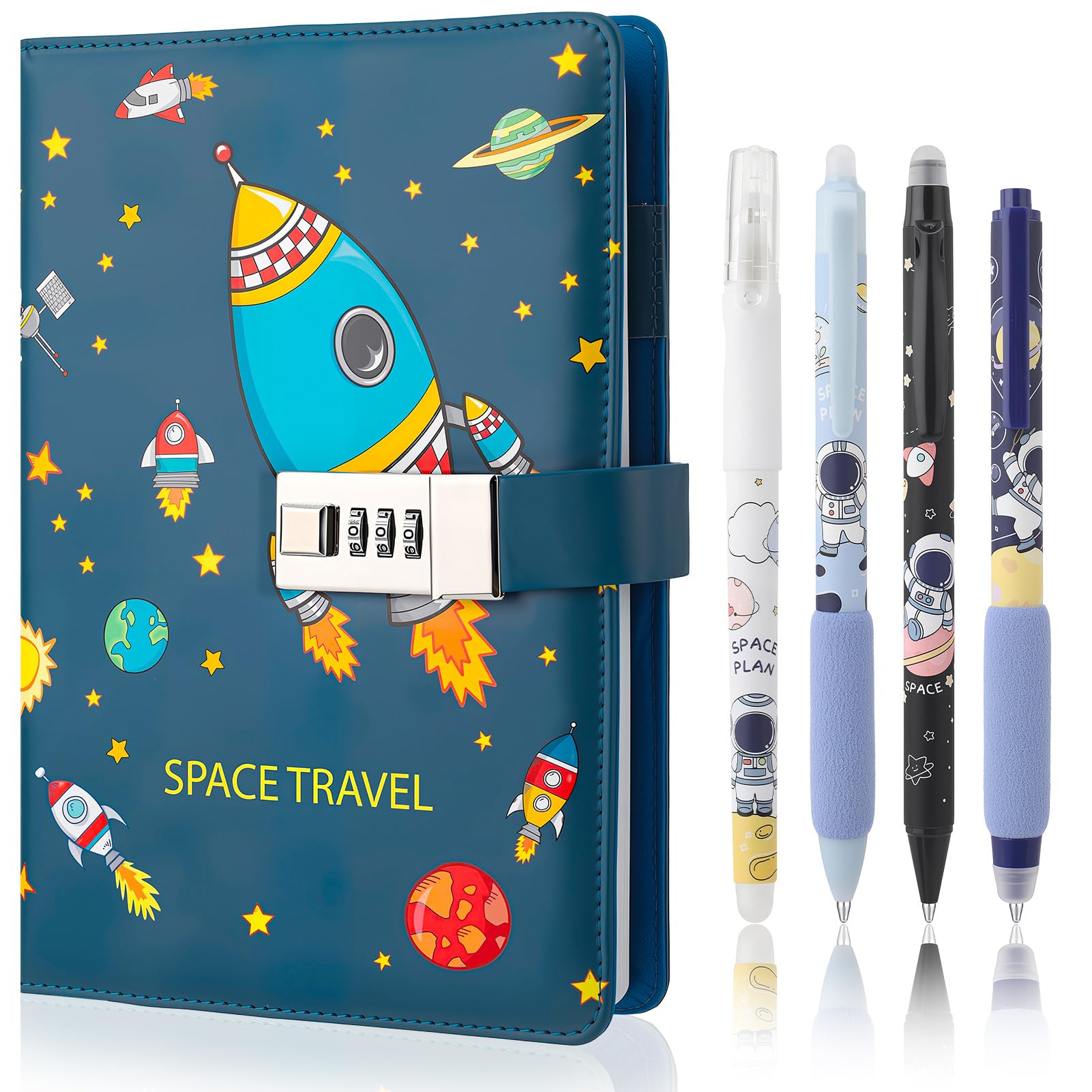 Candcamp Diary with Lock for Boys, Lockable Secret Journal with Password Space Themed Notebook with 4 Pens Set Educational Back to School Stationery Birthday Prensent for Kids
