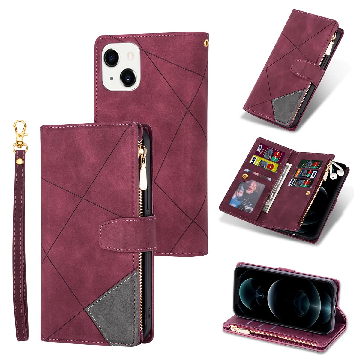 UEEBAI Wallet Case for iPhone 14 6.1 inch, Vintage Premium PU Leather Cover Flip Case with Card Slots Magnetic Closure Zipper Pocket Kickstand Handbag with Hand Strap - Red