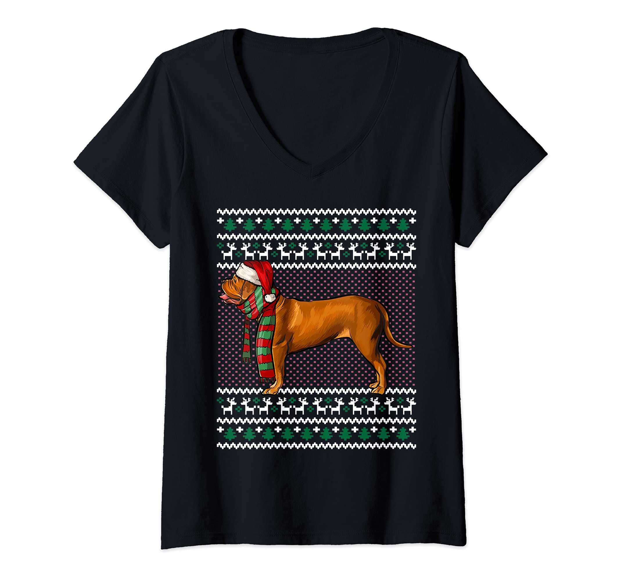 Womens Xmas Dogues de Bordeaux Dog Santa Hat Ugly Christmas V-Neck T-Shirt