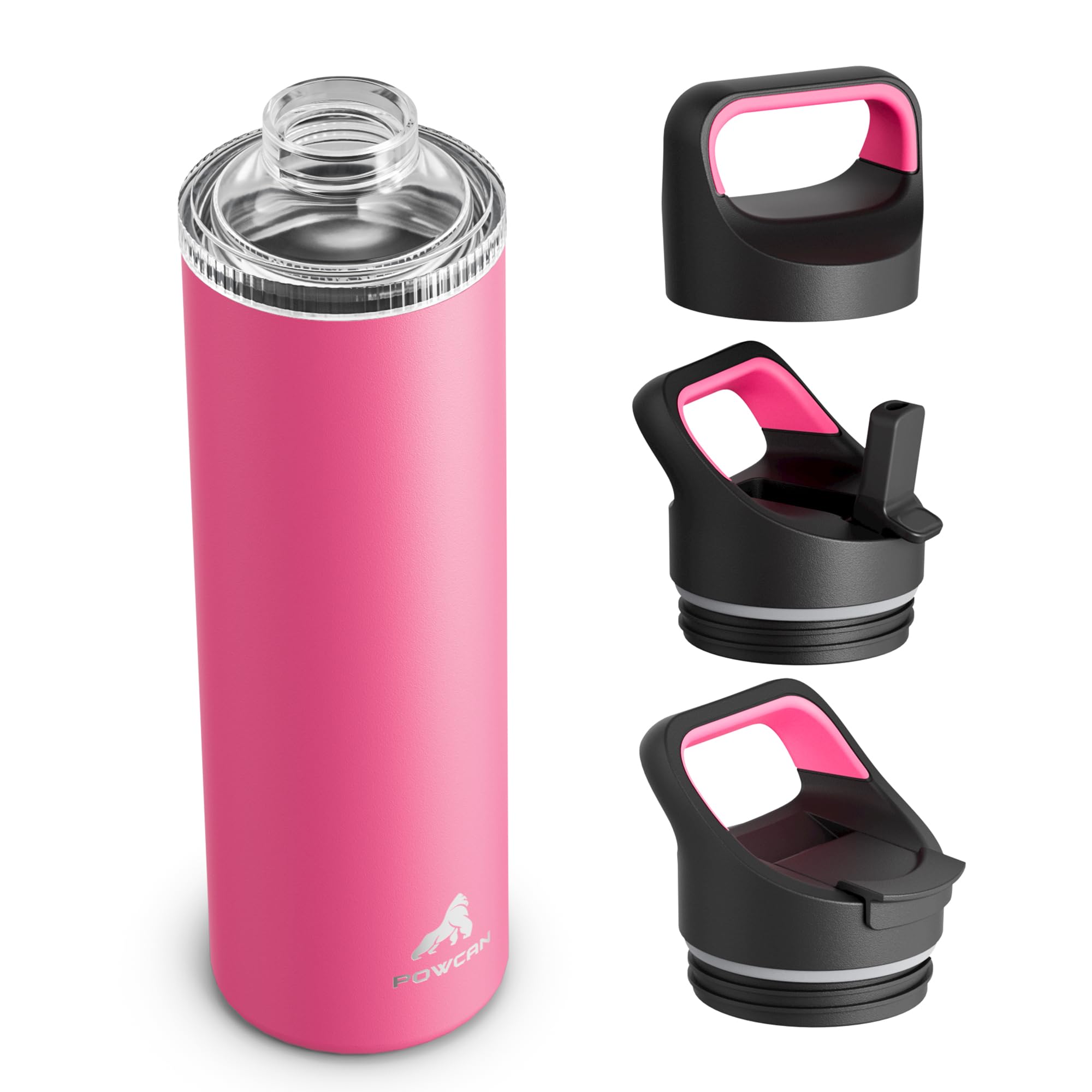 Photo 1 of 24 oz Insulated Water Bottle for Work: 3 Lids, Leakproof, Keep Cold 24H, Car Cupholder Friendly, Stainless Steel Water Flask with Straw and Spout Caps for Sports, Gym, School, Cycling (Tropical Pink)