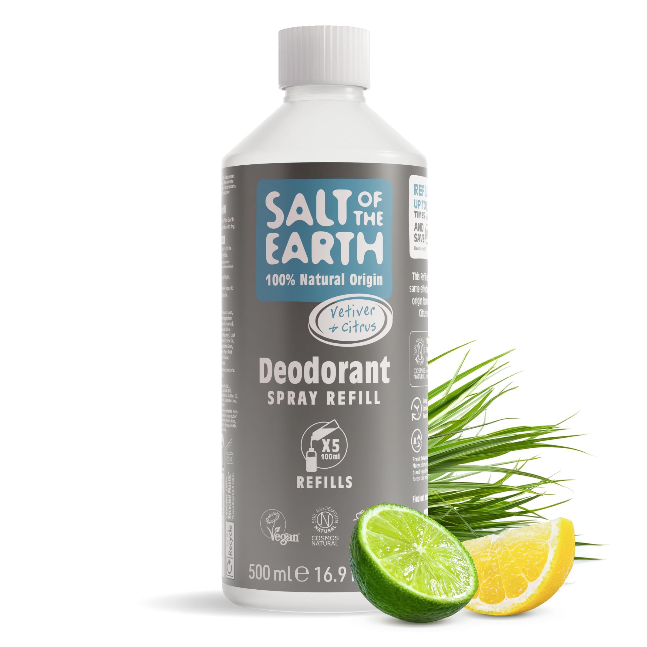 Salt of the Earth - Natural Deodorant Spray Refill - Certified Natural, Vegan, Long Lasting Protection, Leaping Bunny Approved, Made in the UK - 500ml (Vetiver & Citrus)