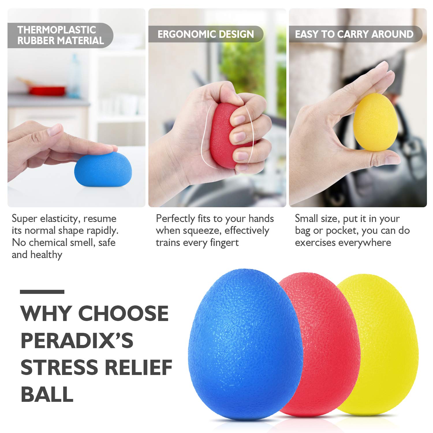 Peradix Hand Grip Stress Relief Ball Fidget Toys Strength Trainer Fits Both for Adults and Kids (3PC)(Medium Size 5.84cm)