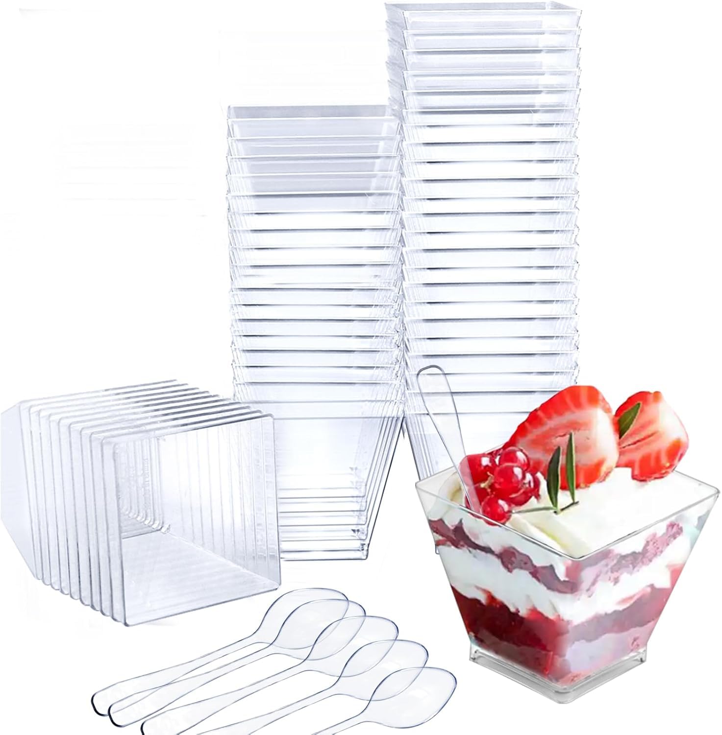 Wieat Mini Dessert Cups, 50 Pcs 2oz/60ml Reusable Plastic Dessert Cups, Trapezoid Clear Small Dessert Pots, Reusable Serving Bowl for Dessert Pudding Cheesecake Mousse Ice Cream Candy Party