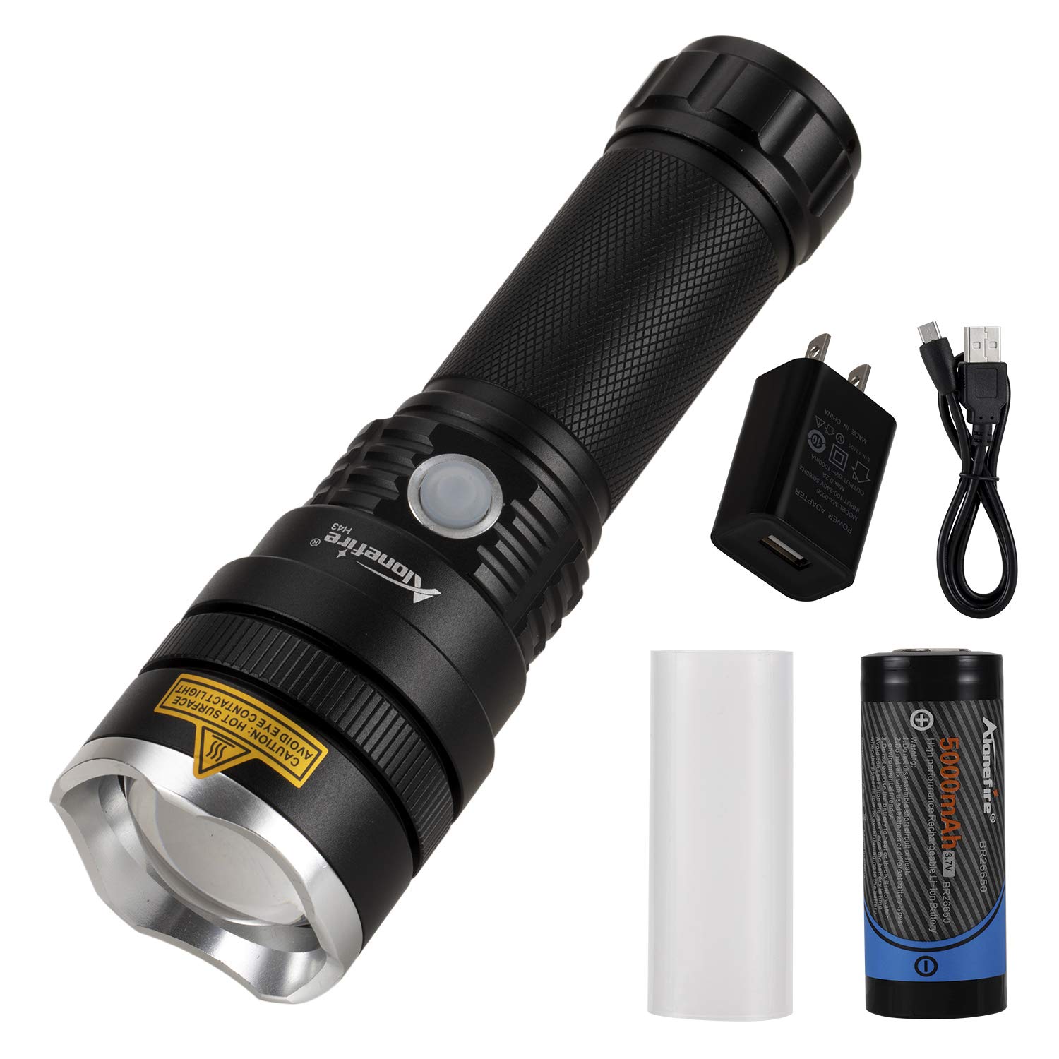 Alonefire H43 Tactical LED Torch Powerful High Power Bright Flashlight USB Rechargeable Zoomable Waterproof 3 Modes with Battery Included for Camping Police Emergency Military Hunting Survival