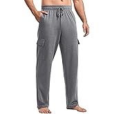 PINSPARK Men's Cargo Sweatpants with Pockets Open Bottom Baggy Cotton Jogger Sweatpants Uncuffed Lounge Pants Straight Leg