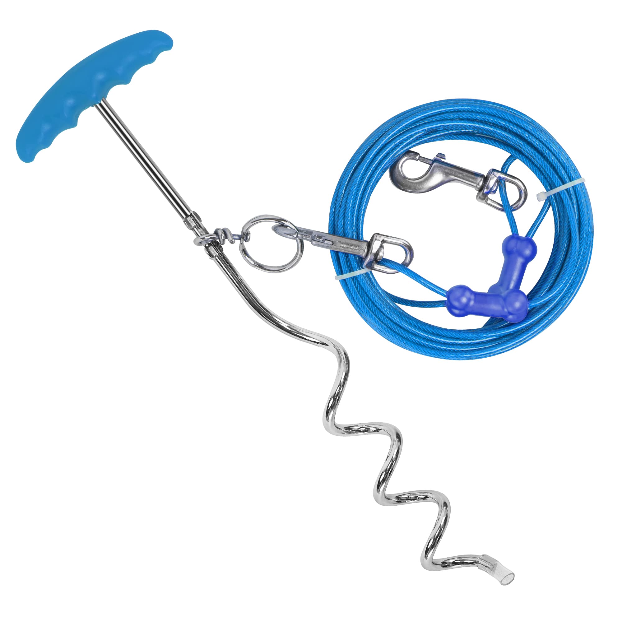 Petphabt 20ft(6m) heavy duty Dog tie out cable with 16 Inch dog spiral in ground stake Puppy pet Outdoor Tie Out Lead Leash(Teal)