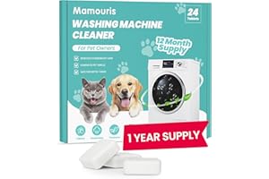 Mamouris Washing Machine Cleaner Tablets: 24 Pack Deep Cleaning For HE, Front Loader & Top Load Washer, Removes Pet Hair, Odors, Formulated for Pet Owners, Septic Safe, 12 Month Supply, 13G