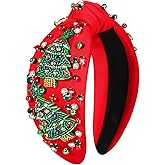 NVENF Christmas Headband for Women Beaded Christmas Tree Reindeer Snowflake Headband Jeweled Rhinestone Pearl Knotted Hairband Holiday Hair Accessories Outfit Party Favors (Xmas Tree 1 - Red)