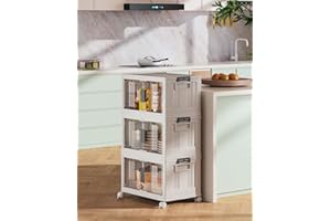 OlarHike 48QT Stackable Storage Bins with Lids - Folding Storage Box with Doors and Wheels, Collapsible Plastic Storage Bins for Closets, Home Organization, 3 Pack Cubes (Warm Gray)