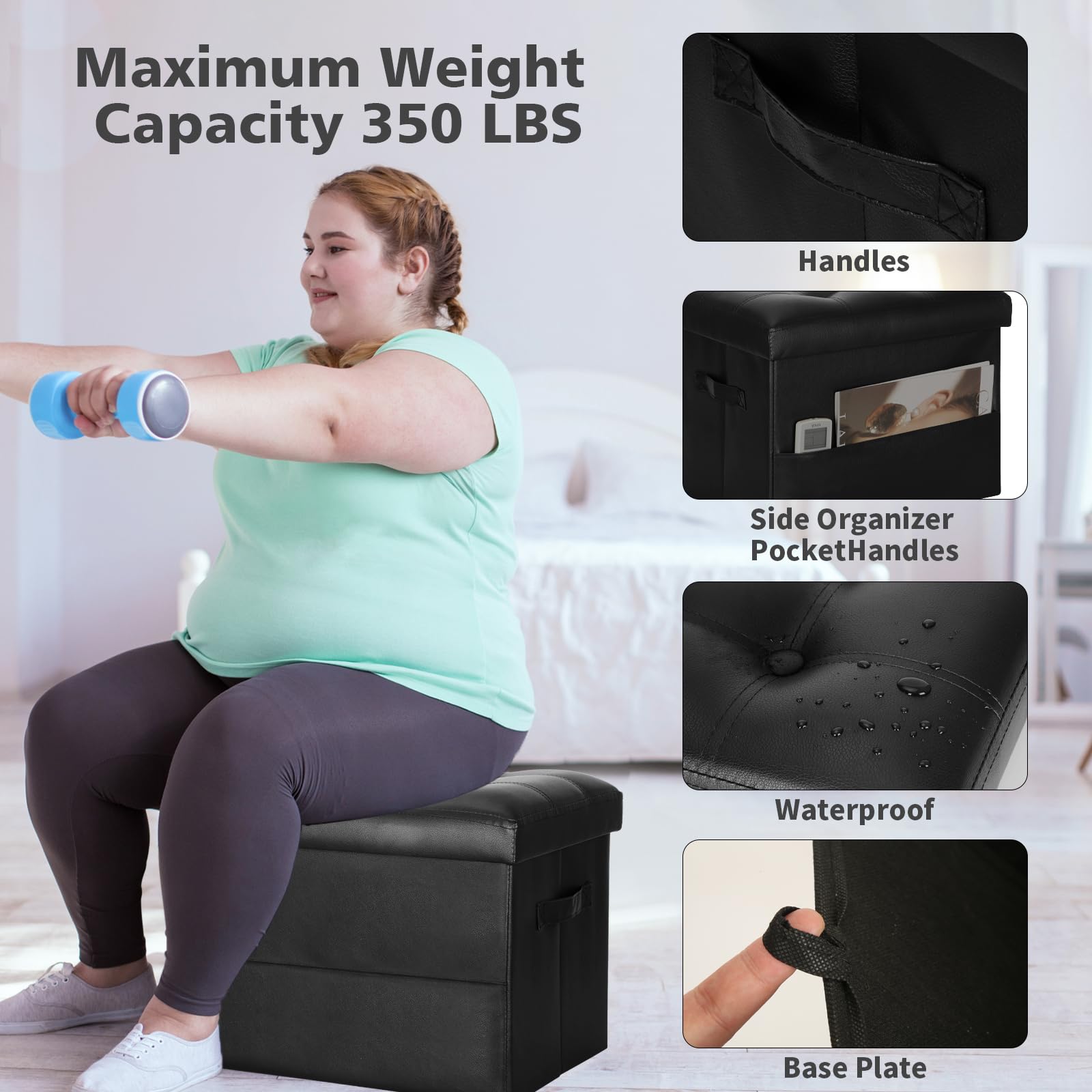 BelugaHelper Storage Ottoman Foot Rest Stool with Thicker Foam Padded Seat. Foldable Leather Footstool Bench. Small Ottoman with Storage for Living Room Bedroom Coffee Table 350 lbs, 17x13x13in, Black - Image 6