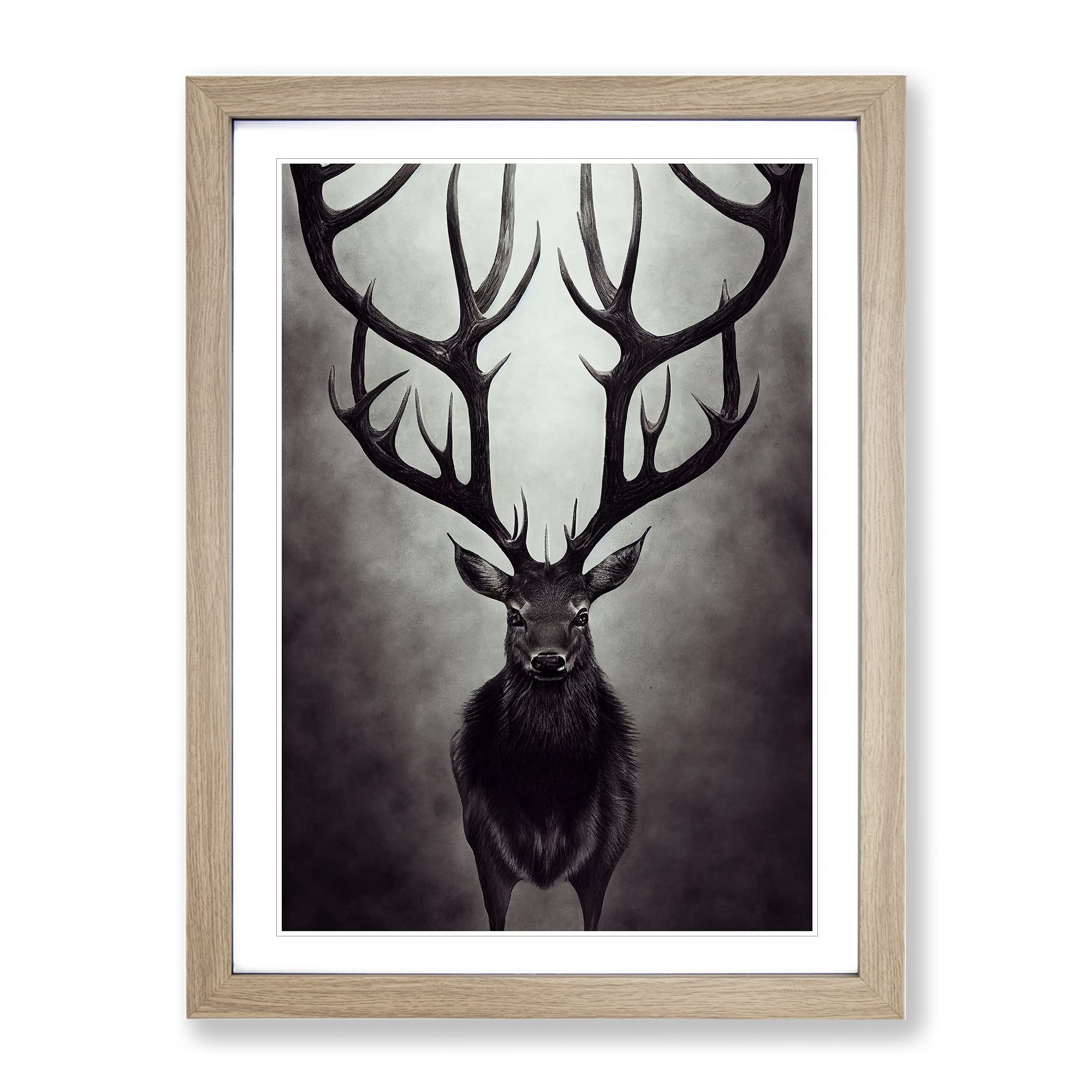 Portrait Of A Wild Stag No.1 Framed Print | A4 Oak Framed Wall Art | Ready to Hang | Modern Animal Picture | Living Room Bedroom Lounge Office