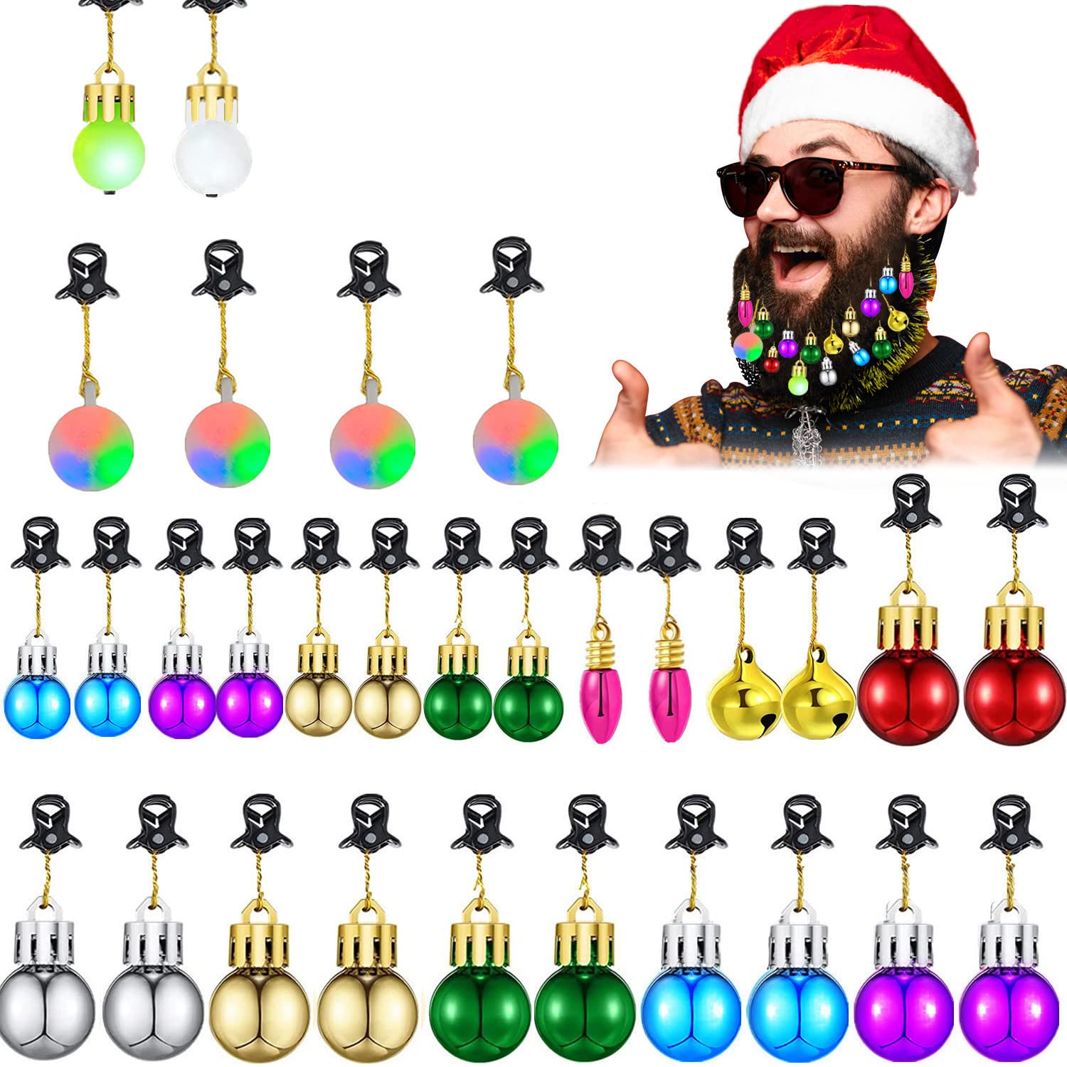 30pcs Beard Christmas Baubles Clips Colorful Christmas Beard Hair Baubles Ornaments for Boyfriends Brothers Fathers and Men