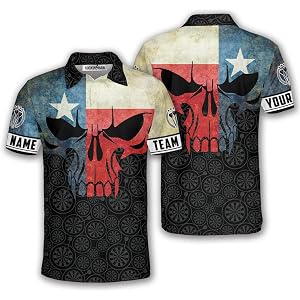 ROCKINSHAW Texas Darts Shirts, Custom Patriotic Texas Flag Pride Dart Polo Shirts, Long Horn Dart Jerseys for Men Women