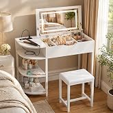 Cyclysio Vanity Desk with Flip Top Mirror and Lights, White | Makeup Vanity Desk with Drawers, Dressing Table with Storage Shelves &amp; Charging Station, Small Vanity for Small Spaces