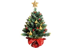 LIECHO 24 Inch Tabletop Christmas Tree, Artificial Mini Xmas Pine Tree with LED String Lights and Ornaments,Christmas Decoration Tree Decor-Red