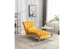 KINFFICT Velvet Chaise Lounge Chair with Toss Pillow, Modern Tufted Button Lounge Chair with Acrylic Legs, Upholstered Indoor Sleeper Chair for Living Room, Bedroom, Mustard Yellow